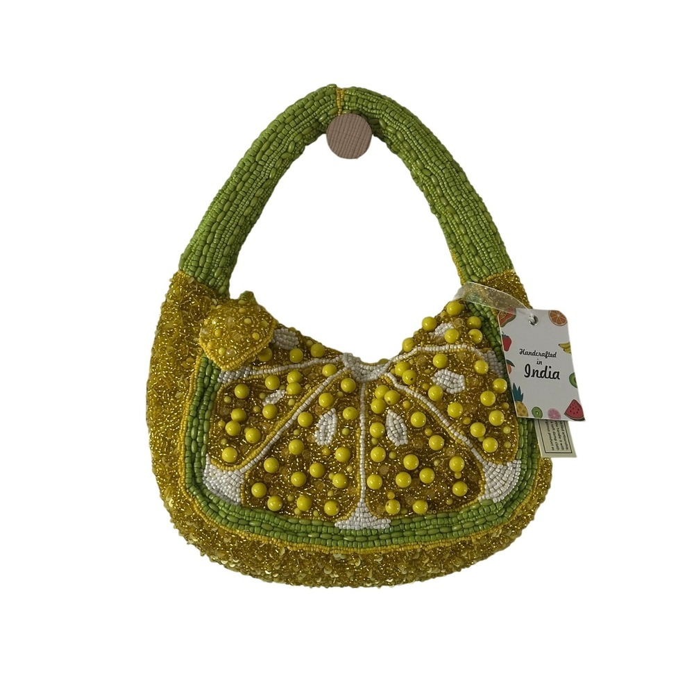 Handcrafted Beaded Lemon Slice Hobo Bag Yellow Green‎ Citrus Fruit Novelty NWT